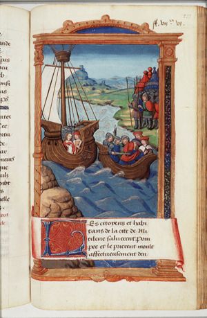 Death of Pompey: after leaving his galley, Pompey is murdered by Septimius and Achilas in the boat sent to bring him ashore