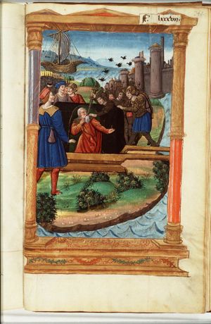 Cicero is killed on the beach by soldiers of Anthony; crows fly with clamour towards the vessel of Cicero as it arrives in Caieta (background)