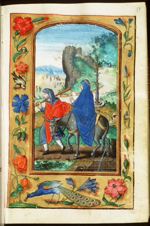 The Flight into Egypt: Mary, St. Joseph and the Christ-child on their way, the idols fall; the corn-miracle (background)