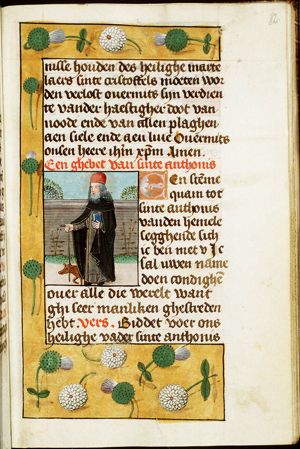 St. Antony Abbot of Egypt holding a staff and a book, with a pig