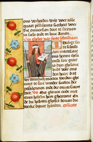 St. Sebastian holding a bow, arrows and a book