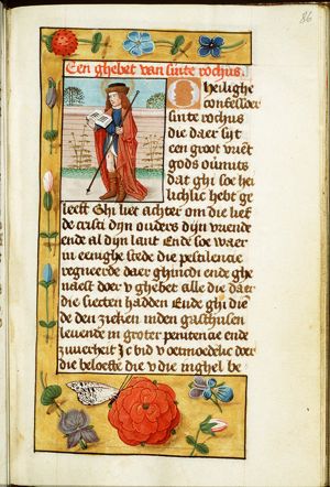 St. Roch of Montpellier holding a book and a staff, with a wound on his leg