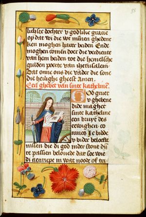 St. Catherine of Alexandria holding a sword and a book, with a wheel at her feet