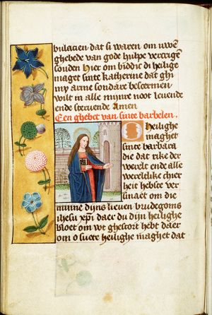 St. Barbara holding a book, before the tower