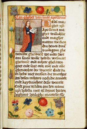 St. Apollonia of Alexandria holding a tooth in pincers and a book