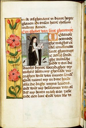 St. Gertrude of Nivelles holding a book and a pastoral staff, with mice at her feet
