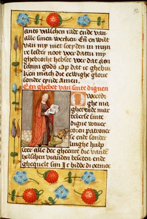 St. Dympna of Gheel holding a book, with a devil on a chain