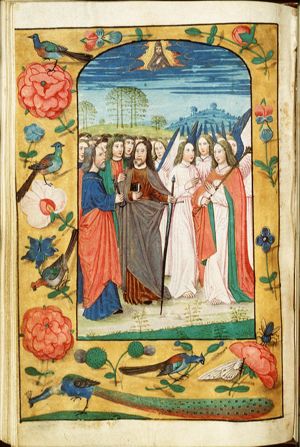 St. Peter holding a key, St. Paul holding a book and a sword, other saints and angels (All Saints)