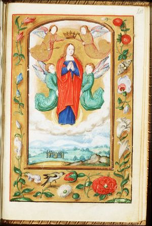 The Assumption: Mary is crowned and lifted up to heaven by angels; the apostles are gathered around Mary's tomb (background)