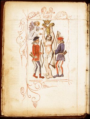 The martyrdom of St. Sebastian: an angel unties him from the tree in the presence of two bowmen