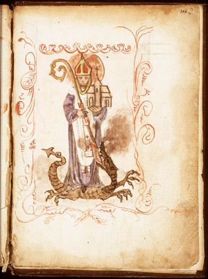 St. Domitian holding a crozier and the model of a church, and trampling a dragon