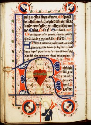 The Sacred Heart and Instruments of the Passion: cross and crown of thorns, lance and sponge held by an angel; the five Holy Wounds