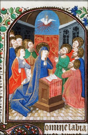Pentecost: the Holy Spirit descends upon Mary and the apostles