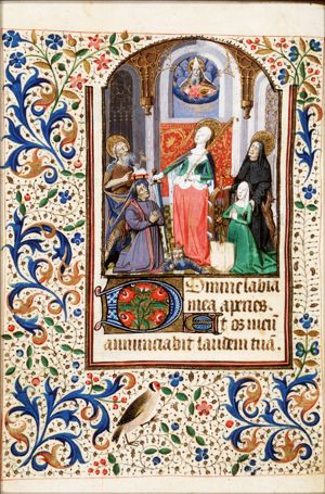 St. Catherine of Alexandria holding a sword and a palm, a wheel at her side and Emperor Maxentius at her feet, with two kneeling donors (a man and a woman) with their patron saints: St. John the Baptist holding a staff and the Lamb of God (Agnus Dei), and St. Catherine of Sweden with a deer; all are looking upward at God in heaven