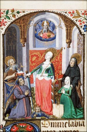 St. Catherine of Alexandria holding a sword and a palm, a wheel at her side and Emperor Maxentius at her feet, with two kneeling donors (a man and a woman) with their patron saints: St. John the Baptist holding a staff and the Lamb of God (Agnus Dei), and St. Catherine of Sweden with a deer; all are looking upward at God in heaven