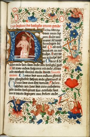 Man of Sorrows: Christ in his tomb, showing his wounds and holding the cross