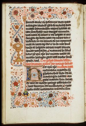 A chalice bearing the Host