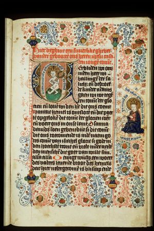 The Christ-child - crowned as a 'young king' - holding instruments of the Passion: cross and crown of thorns