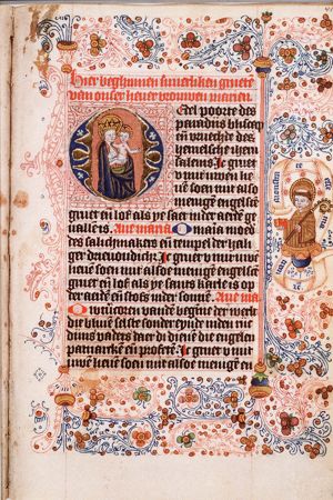 Lactation of St. Bernard of Clairvaux: Madonna, Mary holding the Christ-child, showing her breast to St. Bernard who is holding a book and a crozier