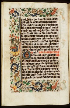 St. Hubert of Liège holding a book and a crozier, with a stag on the book