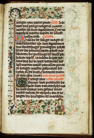 St. Petronilla of Rome binding a monster with her girdle and holding an aspergillum and an aspersory(?)