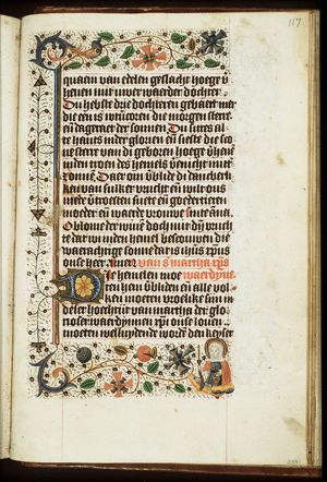 St. Martha binding a dragon with her girdle and holding an aspergillum and an aspersory