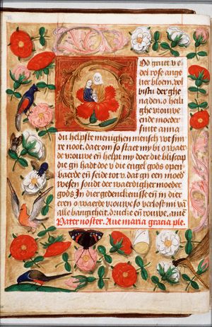 Anna selbdritt: Anna, Mary and the Christ Child close together, emerging from a carnation