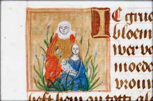Anna selbdritt: Anna, Mary and the Christ-child close together, in a lavender bush