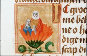 Anna selbdritt: Anna, Mary and the Christ-child close together, emerging from a marigold