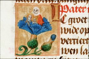 Anna selbdritt: Anna, Mary and the Christ-child close together, emerging from a cornflower