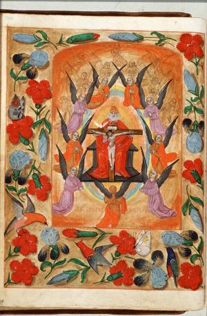 The Trinity: God the Father holding the crucifix (Mercy-Seat), with angels