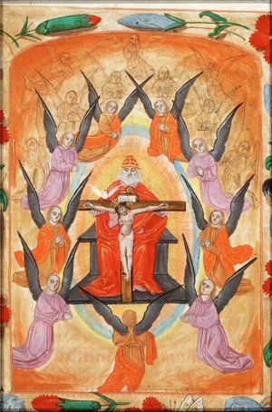 The Trinity: God the Father holding the crucifix (Mercy-Seat), with angels
