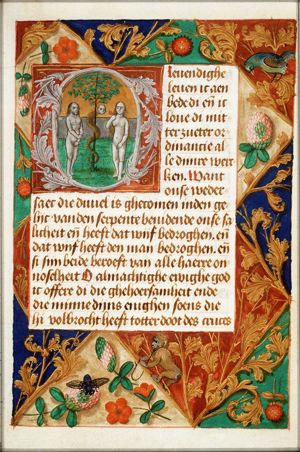 The fall of man: Eve eats from the Tree of Knowledge of Good and Evil in the presence of Adam
