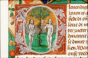 The fall of man: Eve eats from the Tree of Knowledge of Good and Evil in the presence of Adam