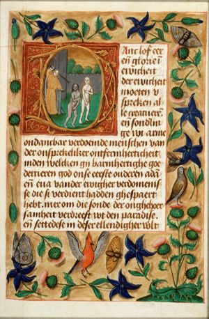 The expulsion of Adam and Eve from paradise by an angel with a sword
