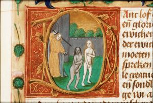 The expulsion of Adam and Eve from paradise by an angel with a sword