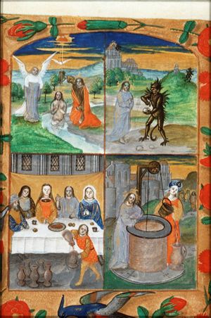 The baptism of Christ by St. John the Baptist, an angel holds Christ's robe (1st of 4)