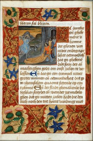 The Entry into Jerusalem: Christ enters the city-gate on an ass