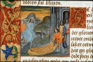 The Entry into Jerusalem: Christ enters the city-gate on an ass