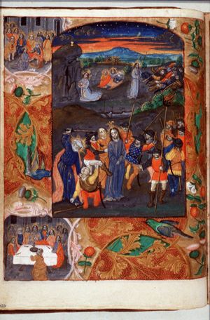 The arrest of Christ: Agony in the Garden; Christ makes himself known: "Ego sum"; the soldiers fall to the ground (background)