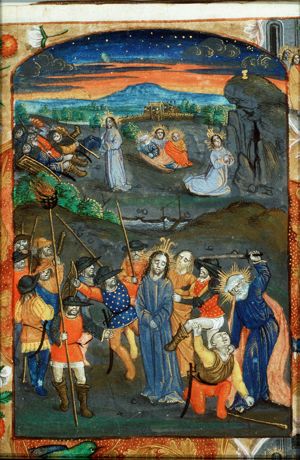 The arrest of Christ: Agony in the Garden; Christ makes himself known: "Ego sum"; the soldiers fall to the ground (background)