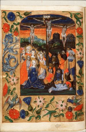 The Crucifixion, with Mary, St. John, St. Mary Magdalene and other female saints, and the two malefactors; soldiers throwing dice for the seamless garment; sun and moon on top of the builings in the background(?)