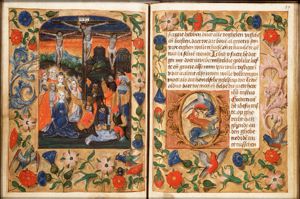 The Crucifixion, with Mary, St. John, St. Mary Magdalene and other female saints, and the two malefactors; soldiers throwing dice for the seamless garment; sun and moon on top of the builings in the background(?)