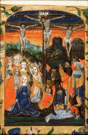 The Crucifixion, with Mary, St. John, St. Mary Magdalene and other female saints, and the two malefactors; soldiers throwing dice for the seamless garment; sun and moon on top of the builings in the background(?)