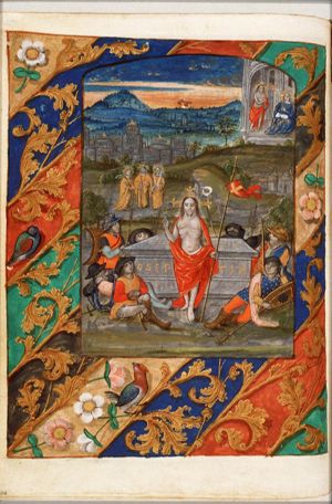 The Resurrection: Christ stands in front of his tomb; sleeping soldiers; the three Maries on their way to the tomb which is inscribed with the name of Joseph of Arimathaea; Christ appears to Mary (background)