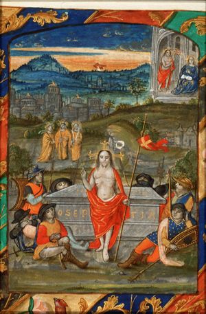 The Resurrection: Christ stands in front of his tomb; sleeping soldiers; the three Maries on their way to the tomb which is inscribed with the name of Joseph of Arimathaea; Christ appears to Mary (background)