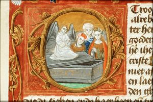 The three Maries at the tomb, which is inscribed with the name of Joseph of Arimathaea
