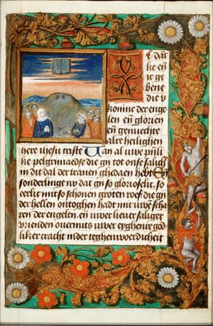 The Ascension: Christ ascends into heaven above Mary and the apostles, leaving his footprints on the Mount of Olives