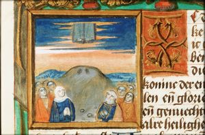 The Ascension: Christ ascends into heaven above Mary and the apostles, leaving his footprints on the Mount of Olives