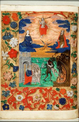The Last Judgement: Christ on a rainbow with Mary and St. John; St. Peter receives the blessed in heaven, the damned are thrown into hell